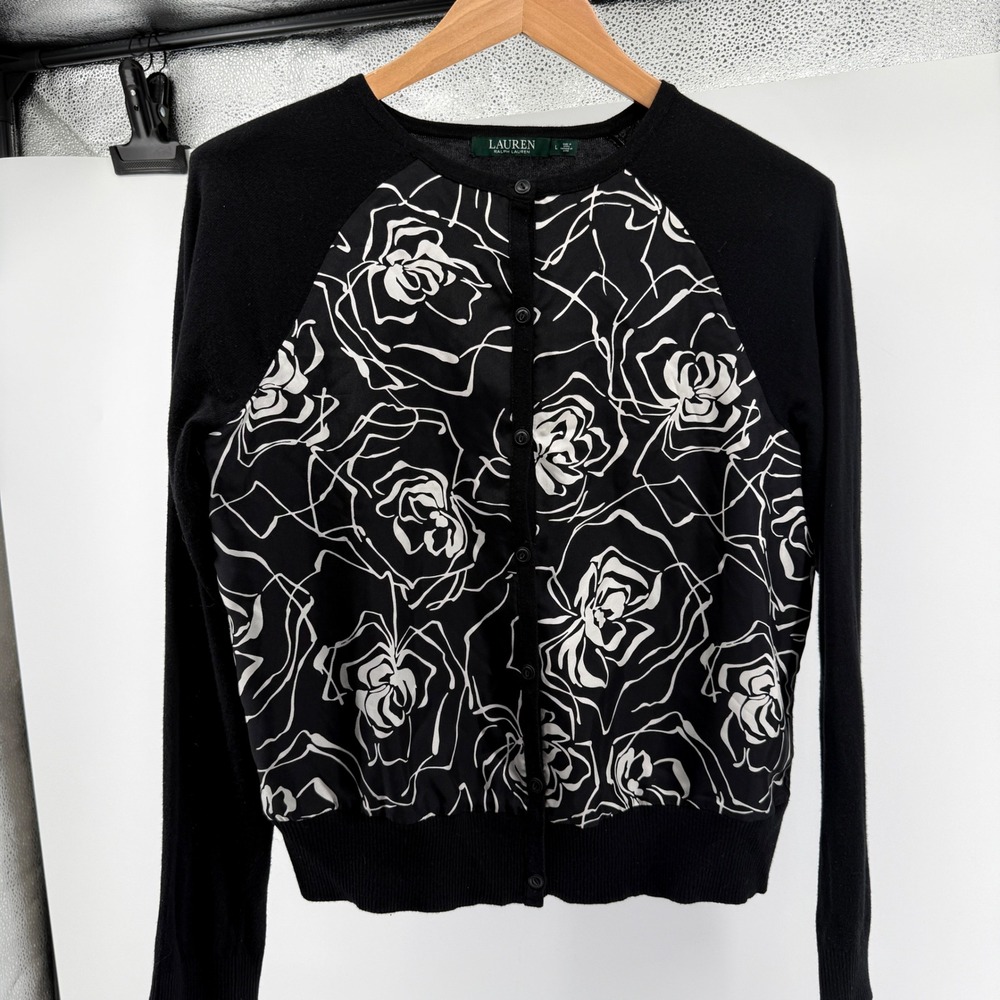 Lauren Ralph Lauren Silk Front Floral Cardigan Black White Knit Sweater Large